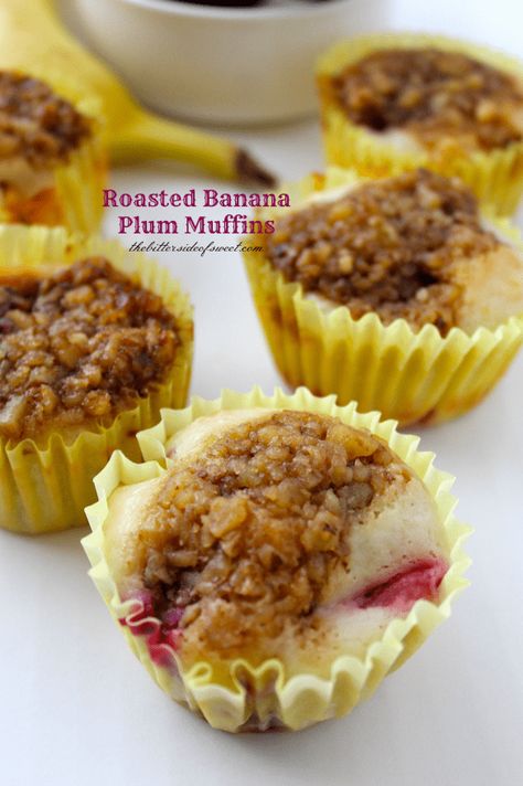 Roasted Banana Plum Muffins | thebittersideofsweet.com #muffins #chobani #bananas Plum Muffins, Plum Dessert, Savory Muffins Recipes, Breakfast Catering, Walnut Crust, Roasted Banana, Cooking Shows, Banana Blueberry Muffins, Chocolate Pancakes