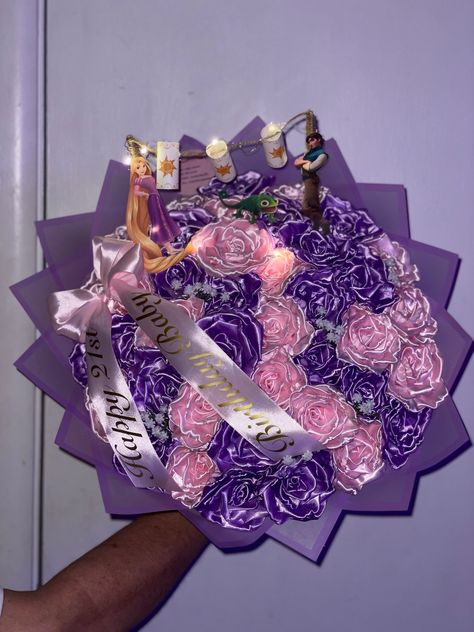 Customizable message me! Cinderella Flower Bouquet, Rapunzel Theme Sweet 16, Repunzal Themed Quince, Quince Presents Ideas, Tangle Quinceanera Theme, Rapunzel Flower Bouquet, Ramos Ribbon, Rupunzel Quince Theme, Tangled Bouquet