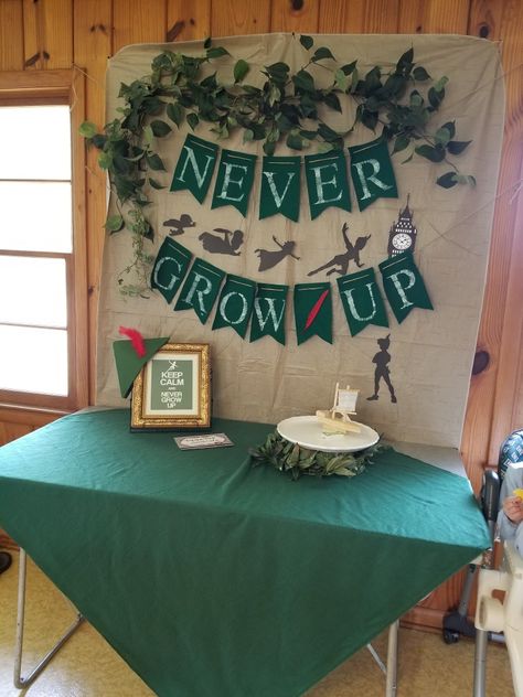 Never grow up.. peter pan party. Never Grow Up Peter Pan First Birthday, Peter Pan Never Grow Up, Peter Pan Party Decorations Diy, Peter Pan Never Grow Up Birthday, Peter Pan In One-derland, Peter Pan Party Decor, Off Two Neverland Party, Peter Pan Decorations Diy, Peter Pan And Wendy Birthday Party