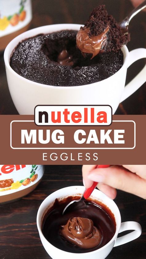 Follow the recipe video on How Tasty YouTube channel! Printable recipe on www.how-tasty.com Quick and Easy, this rich and moist chocolate mug cake has an irresistible creamy Nutella center and it's ready in 1 minute!! The perfect treat for your last minute craving! Eggless Mug Cake, Moist Chocolate Mug Cake, Mug Cake Eggless, Nutella Desserts Easy, Nutella Dessert Recipes, Chocolate Treats Easy, Nutella Filling, Nutella Recipes Easy, Nutella Mug Cake