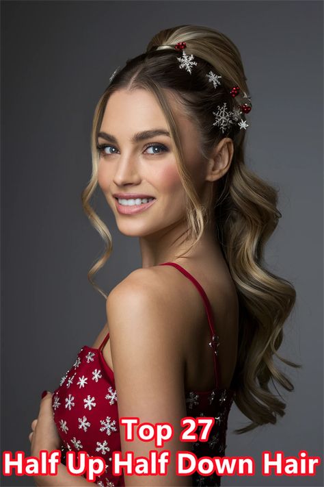 Elevate your holiday look with this stunning half up half down hair style, perfect for Christmas gatherings. With soft curls cascading down your back and a tasteful twist securing the top half, this hairstyle radiates festive charm and sophistication. Whether you're attending a cozy dinner or a lively party, this elegant look will surely make you the center of attention. Embrace the holiday spirit with this gorgeous hairdo! Half Up Half Down Christmas Hair, Christmas Dance Hairstyles, Nye Hairstyles Long Hair Half Up, Half Up Holiday Hair, Christmas Dance, Old Hairstyles, Dance Hairstyles, Christmas Gathering, Half Up Half Down Hair