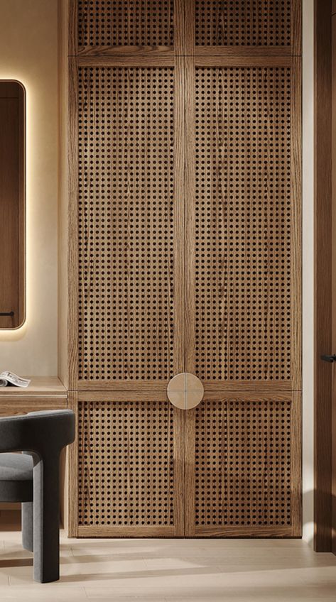 Rattan Wardrobe Design, Boho Doors, Rattan Wardrobe, Creative Closets, Stylish Doors, Bedroom Cupboards, Wardrobe Door Designs, Wall Panel Design, Bedroom Closet Design