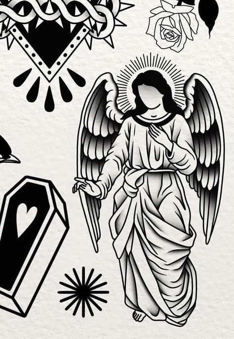 American Traditional Tattoos Angel, American Traditional Angel Tattoo, American Traditional Angel, Traditional Angel Tattoo, Traditional Tattoo Drawings, Abstract Tattoo Ideas, Illusion Tattoos, Optical Illusion Tattoos, Surreal Tattoo