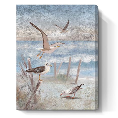 Bathroom Wall Decor Art, Beach Canvas Wall Art, Bathroom Artwork, Retro Kunst, Coastal Painting, Bedroom Artwork, Coastal Wall Decor, Bird Canvas, Beach Canvas