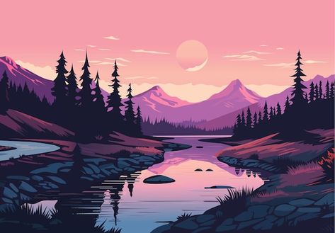 Landscape Illustration Horizontal, Fantasy Vector Art, Background Images Landscape Aesthetic, Vector Illustration Background, Land Scape Design, Background Images Landscape, Vector Art Landscape, Vector Scenery, Vector Landscape Illustration