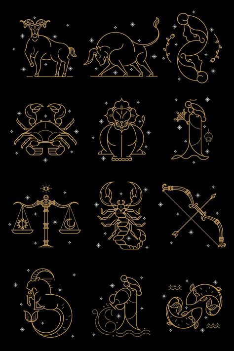 Gold zodiac sign set on a black background vector | premium image by rawpixel.com Past Life Astrology, Aquarius Aesthetic, Astrology Scorpio, Astrology Virgo, Zodiac Designs, Taurus Sign, Zodiac Aries, Black Phone Wallpaper, Astrology Art