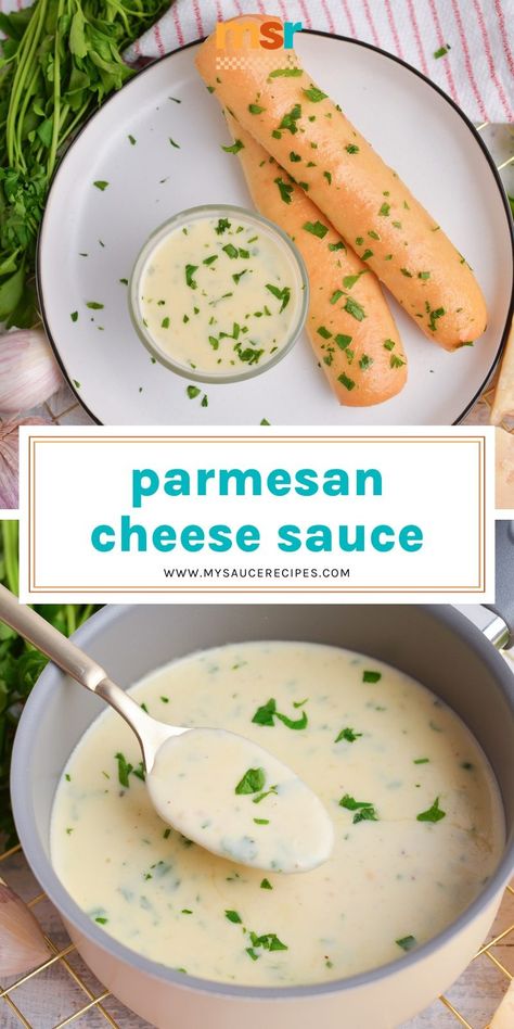 This decadent Parmesan Cheese Sauce recipe is loaded with rich cream, butter, garlic, and plenty of parmesan cheese! Easy Parmesan Sauce, Parmesan Butter Sauce, Swiss Cheese Sauce, Garlic Cheese Sauce, Creamy Peppercorn Sauce, Cheese Sauces, Parmesan Cheese Sauce, Alfredo Sauce Recipe Homemade, Creamy Pesto Sauce