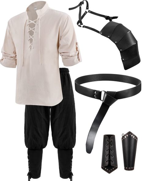 Pirate Costume Ideas Men, Medieval Mens Outfit, Men’s Fairy Costume, Casual Pirate Outfit Men, Larp Outfits Male, Modern Pirate Outfit Male, Simple Ren Faire Outfit Men, Male Fae Costume, Renfair Outfit Men