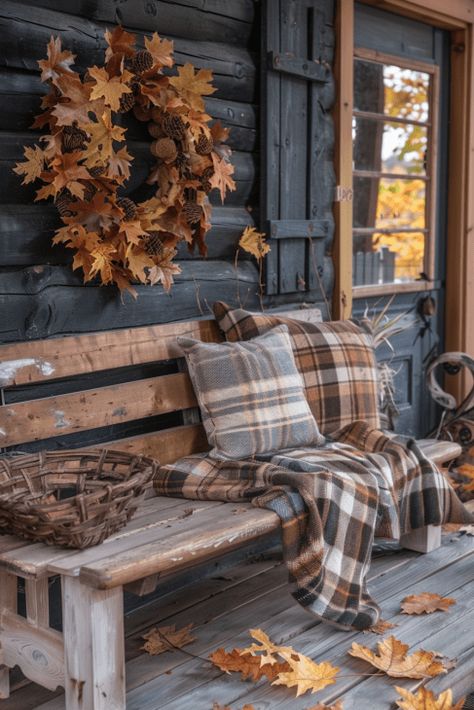 How to Create the Perfect Fall Porch: 44  Decor Ideas Fall Inspired Porch Ideas, Cabin Veranda Ideas, Cabin Veranda, Porch Table Decor, Rustic Fall Porch, Veranda Ideas, Country Porches, Fall Porch Decor Ideas, Pumpkins And Leaves