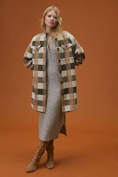 Outfit Formula: Grey and Brown - YLF Gingham Coat, Outfit Formulas, Cardigan Sweater Coat, Anthropologie Jacket, Cardigan Sweater Jacket, Sweater Coat, Brown Plaid, Plaid Jacket, Fall Jackets