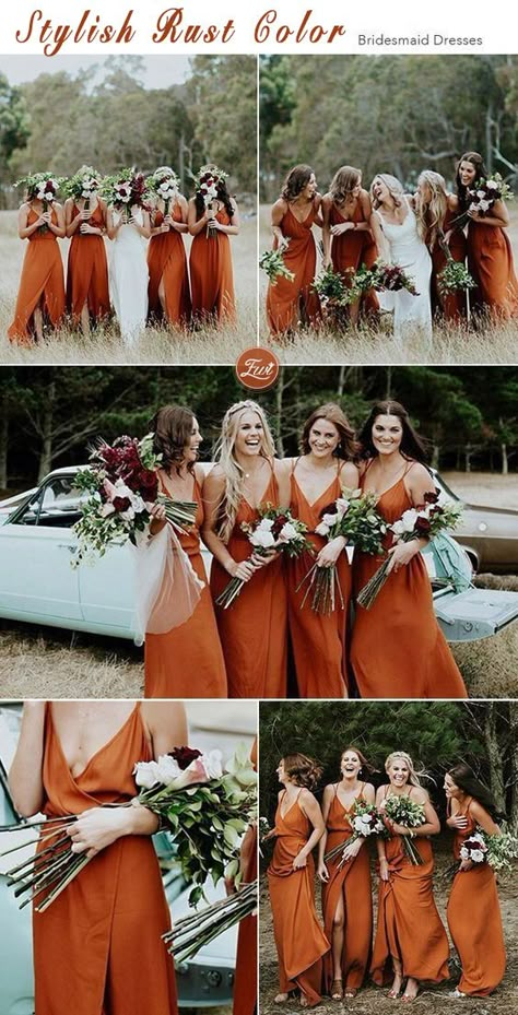 stylish rust color bridesmaid dresses ideas Burnt Orange Bridesmaid Dresses, Cheap Bridesmaid Dresses Online, Orange Bridesmaid, Fall Bridesmaids, Orange Bridesmaid Dresses, Wedding Color Trends, Fall Bridesmaid Dresses, Bridesmaid Dress Colors, Cheap Bridesmaid Dresses