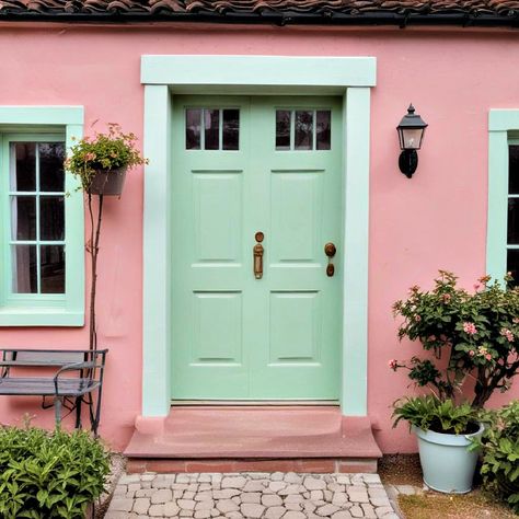 15 Cute Pink House Exterior Ideas for a Charming Home Pink Painted House Exterior, Pink Victorian House Exterior, Pink House Green Door, Pink Beach House Exterior, Pink And Green House Exterior, Pink House Exterior Modern, Cute Pink House, Pink Victorian House, Pink House Exterior