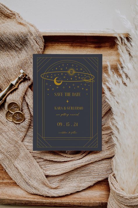 Celestial Save the Date Invitation This celestial save the date invitation features a starry night design with gold stars and moon. Perfect for a celestial or mystical themed wedding  🤍 **ENJOY 60% OFF WHEN YOU BUY 3 ITEMS** Purchase, edit, download and print your design within minutes!  🤍 DEMO LINK (TRY BEFORE YOU BUY) https://templett.com/design/demo/Lucy96/15113020 🤍 TEMPLETT (FREE ONLINE EDITOR) - You can edit the template in your browser with TEMPLETT, this provides you with a range of e Stars Invitation, Save The Date Invite, Gold Save The Dates, Starry Night Wedding, Celestial Wedding, Date Invitation, Save The Date Template, Save The Date Templates, Wedding Pins