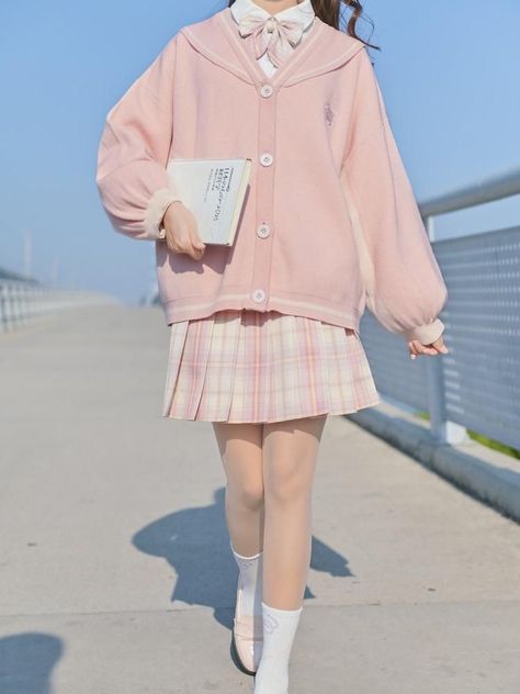 Cute Outfits Pastel, Sailor Cardigan, Cute Kawaii Outfits, Cute Pink Outfits, Clothes Kawaii, Kawaii Outfit Ideas, Kawaii Sweater, Fashion Kawaii, Sweet Cat