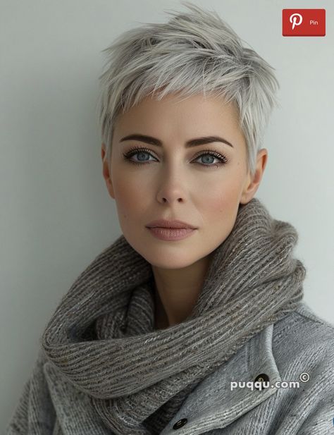 Short Hair At 50, Women’s Short Pixie Haircuts, Fauxhawk Pixie For Women, Short Gray Pixie Haircuts, Pixie Cute Hairstyles, Short Pixie Grey Hair, Bright Blonde Hair Short, Very Short Grey Hair, Pixie Cuts For Round Faces Plus Size