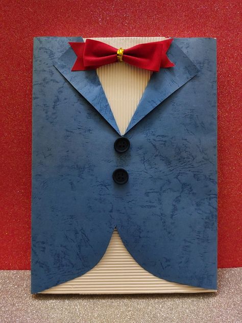 Gift box wrapped like a tuxedo with blue jacket white shirt and red bow tie T Shirt Gift Wrapping Ideas, Wall Scenery, Tie Box, Gift Wrapping Inspiration, Red Bow Tie, Diy Gift Wrapping, Wrapping Ideas, Red Bow, Covered Boxes