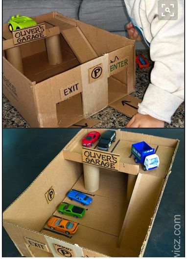 Cardboard car garage Cardboard Car Garage, Cardboard Garage, Car Cardboard, Diy Toys Car, Toy Car Garage, Cardboard Car, Garage Car, Toy Garage, Cardboard Box Crafts