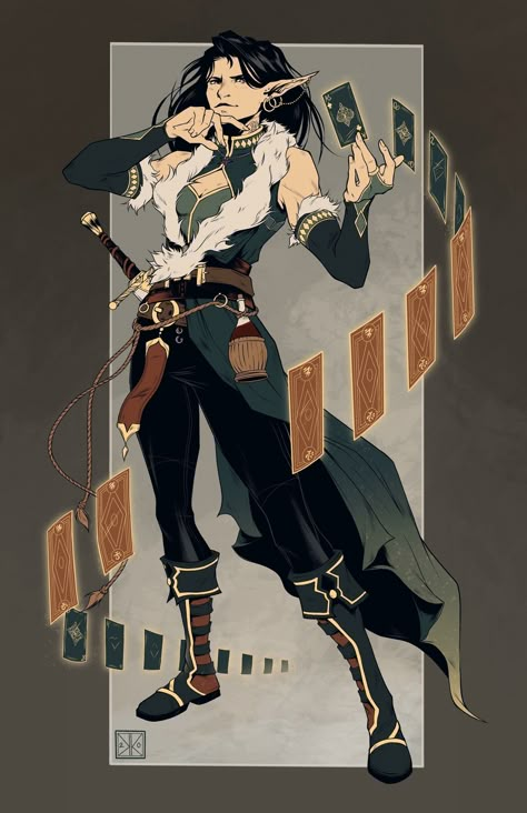 Huckster Character Art, Dnd Characters Character Concept Art, Warlock Poses, Card Magician Character Design, Dnd Character Oc, Dnd Bard Character Concept, Dnd Character Design Ideas, Female Bard Character Design, Dnd Bard Character Design