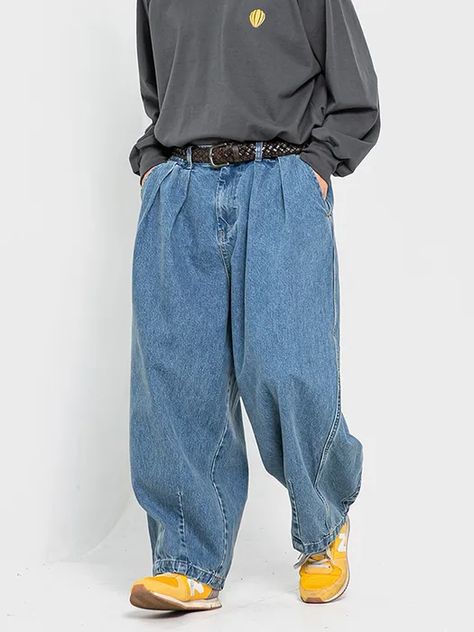 Stone Vintage Denim Balloon Pants | W Concept Line Stitch, Balloon Silhouette, Dye Denim, Natural Indigo Dye, Resort 2023, Balloon Pants, Vintage Denim Jeans, Half Shirts, Blue Dye