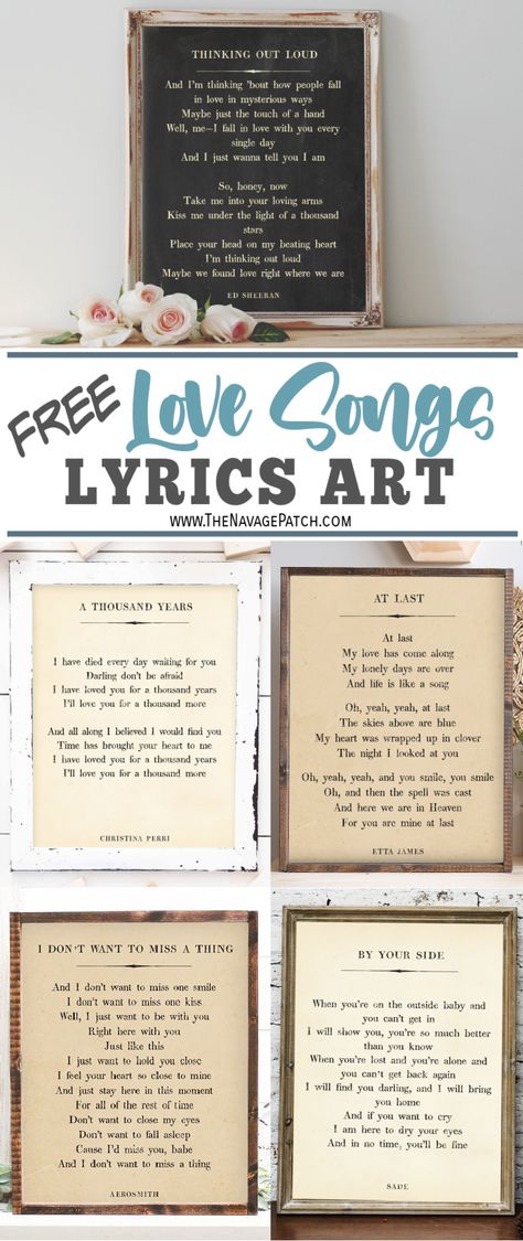 Free Printable Love Song Lyrics Art | Free printable love song book page art | Free printable oversize love songs | DIY oversize love song printable | Free love song wall art | Free printable Ed Sheeran book page lyrics | Free printable book page lyrics | Free Printable Wedding Gift Love Song Wall Decor | Free printable love song wall decor | #TheNavagePatch #FreePrintable #FreeWallArt #easydiy #BookPage #LyricsArt #LoveSong #DIY #DIYWallDecor | TheNavagePatch.com Song Wall Decor, Wedding Song Art, Song Lyric Signs, Love Song Lyrics, Music Lyrics Art, Free Lyrics, Wedding Song Lyrics, Great Song Lyrics, Free Wall Art