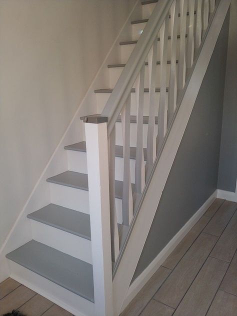 Grey And White Stairs And Landing, Grey And White Painted Stairs, Grey And White Bannister, Gray Banister Staircases, Grey Balustrade, Grey And White Stairs, Grey And White Staircase, Grey Bannister, Bannister Ideas Painted