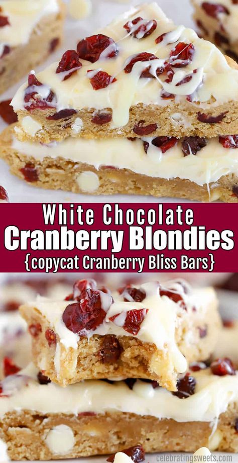 Cranberry Bliss Bars! Blondies filled with white chocolate and dried cranberries topped with cream cheese frosting. Cranberry Dessert Recipes Thanksgiving, Blondies White Chocolate, White Chocolate Cranberry Blondies, Cranberry Blondies, Starbucks Cranberry Bliss Bars, Starbucks Cranberry Bliss, Cranberry Bliss Bars Recipe, Chewy Blondies, Cranberry Bliss Bars Starbucks