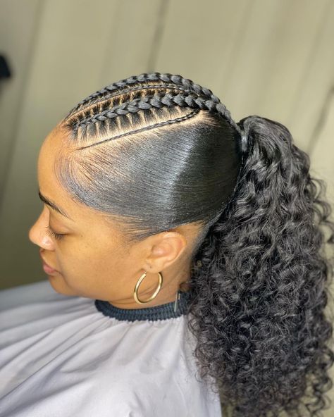 Stitch Braid Into Ponytail, Ponytail Stitch Braids, Stitch Braid Ponytail, Braided Ponytail Black Hair, Fluffy Ponytail, Braided Ideas, Straight Ponytail Hairstyles, Slick Ponytail, Cornrow Ponytail