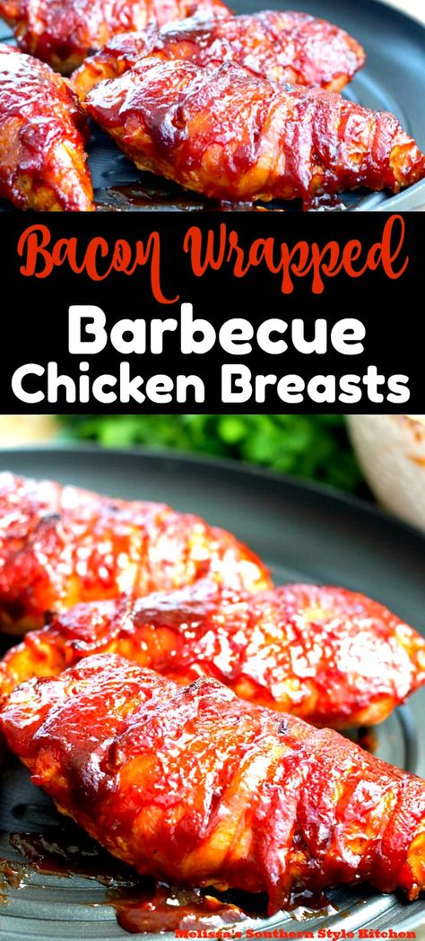 Bacon Wrapped Barbecue Chicken Breasts Bacon Wrapped Bbq Chicken, Baked Bacon Wrapped Chicken, Bacon Wrapped Recipes, Barbecue Dinner, Chicken Board, Chicken Breast With Bacon, Bacon Wrapped Chicken Breast, Roast Chicken And Gravy, Bacon Wrapped Chicken Tenders