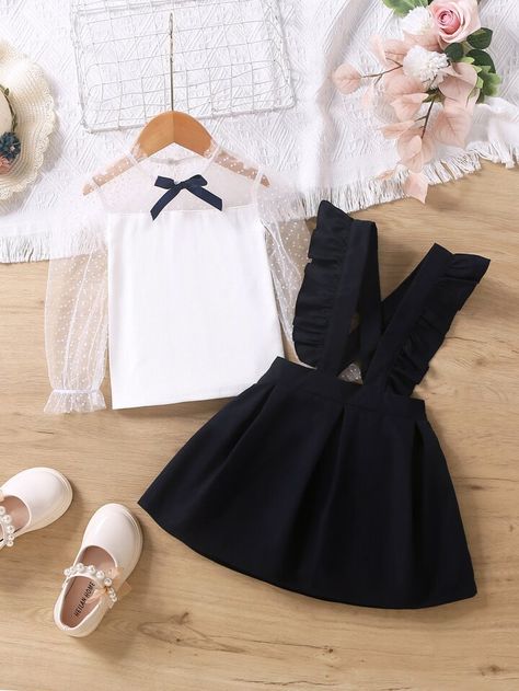 Navy Blue Cute Collar Long Sleeve Colorblock Embellished Slight Stretch Young Girls Clothing Suspender Skirt Toddler, Flounce Sleeve Top, Shein Kids, Girl Fashion Style, Kids Fashion Dress, Suspender Skirt, Flounce Sleeve, Girls Toddler, Puff Sleeve Top