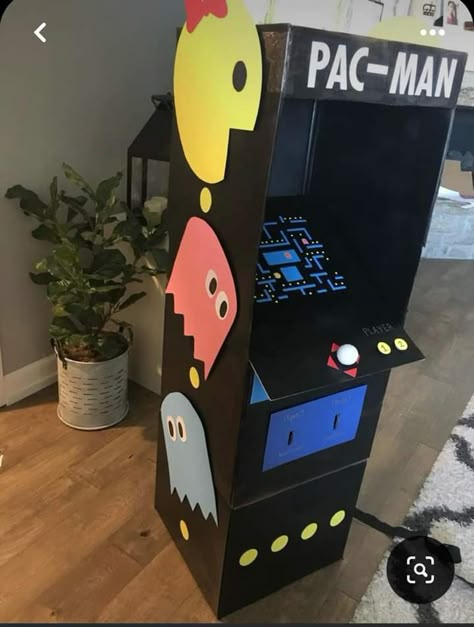 Cardboard Arcade Machine, Pac Man Valentine Box Ideas, Arcade Decorations Party Ideas, Cardboard Arcade Games Diy, Pac Man Trunk Or Treat Ideas, Arcade Party Decorations, Cardboard Arcade Games, Pac Man Decorations, Christmas Games Online