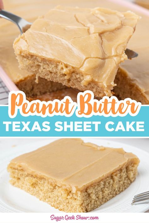 This peanut butter sheet cake recipe is packed with peanut butter flavor from the soft cake and gooey peanut butter glaze. Similar to the chocolate Texas sheet cake, this huge and tasty peanut butter version comes together in just 30. The perfect cake for large gatherings, birthday parties, weddings, and BBQs. #peanutbutterdessert #peanutbuttercake #sheetcake #partydessert Peanut Butter Texas Sheet Cake, Peanut Butter Sheet Cake, Texas Sheet, Texas Sheet Cake, Peanut Butter Cake, Sheet Cake Recipes, Daily Recipes, Peanut Butter Lovers, Kitchen Cafe