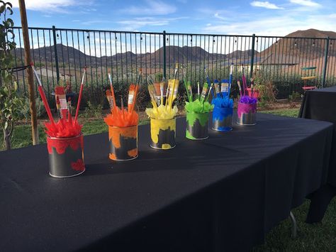 Paint Bucket Centerpiece, Paint Party Balloon Decor, Bucket Centerpiece Ideas, Rainbow Jello Cups, Rainbow Paint Party, Chocolate Paint, Bucket Centerpiece, Rainbow Centerpiece, Balloons Rainbow