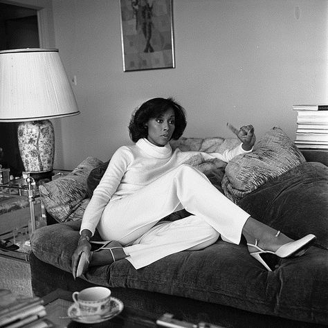 Dominique Deveraux aka Diahann Carroll | 1979  Actress Diahann Carroll holding court in her living room discussing the plight of Blacks in the television industry. Quote, "For some reason, whenever black skin is on television, everyone relates to it as if it's a documentary."' Dominique Deveraux, Jacqueline De Ribes, Carmen Dell'orefice, Diahann Carroll, Julie Newmar, Anne Bancroft, Anita Ekberg, Vanessa Williams, Glamour Vintage