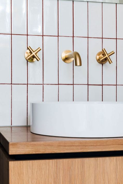 Laura Street by Hearth Studio | Project Feature | Brunswick, VIC, Australia - The Local Project Colored Grout, Funky Bathroom, Brass Shelf, Brass Shelves, Coloured Grout, Retro Bathrooms, Tile Grout, Grout Color, Curated Design