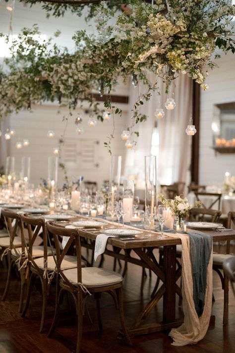 Whimsical Romance At This Mountain Vineyard Wedding At Pippin Hill Farm Classic Vineyard Wedding, Weddings With Greenery, Wedding In A Vineyard, Indoor Winery Wedding, Wedding Tablescapes Long Simple, Outside Farm Wedding, Vineyard Wedding Aesthetic, White Whimsical Wedding, Farm Wedding Table