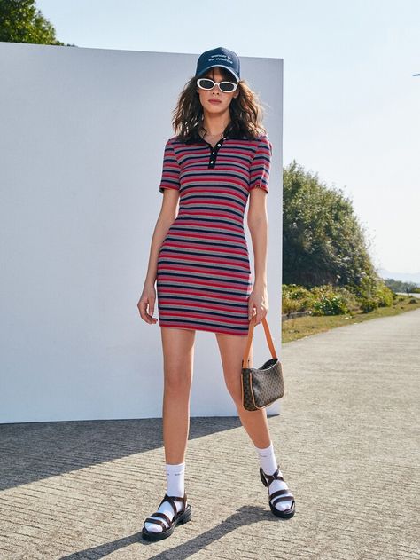 Short Dress Outfit, Dress Shorts Outfit, Contrast Collar, Stripe Dress, Polo Neck, Shein Style, Women Dresses, Short Dress, Dress P