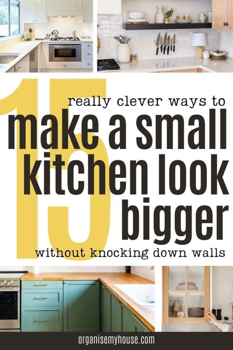 Are you feeling boxed in by your tiny kitchen? Fear not! Even without picking up a hammer or tearing down walls, there are lots of ways to create the illusion of space. Use these clever tips to make a small kitchen look bigger, and take it from cramped to spacious! Make Kitchen Look Bigger, Small Kitchen Look Bigger, Knock Down Wall, Compact Table And Chairs, Small Apartment Kitchen, Small Kitchen Island, Cabinet Remodel, Cute Diy Room Decor, Kitchen Organisation