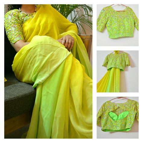 #Summers are here with #shaded #lemon and #green #chiffon #saree with stylish #embroidered #blouse. For enquiries mail@ nupurtewari2587@gmail.com Green Chiffon Saree, Parrot Green, Yellow Saree, Unique Blouse Designs, Green Saree, Unique Blouse, Saree Dress, Blouse Work, Blouse Work Designs