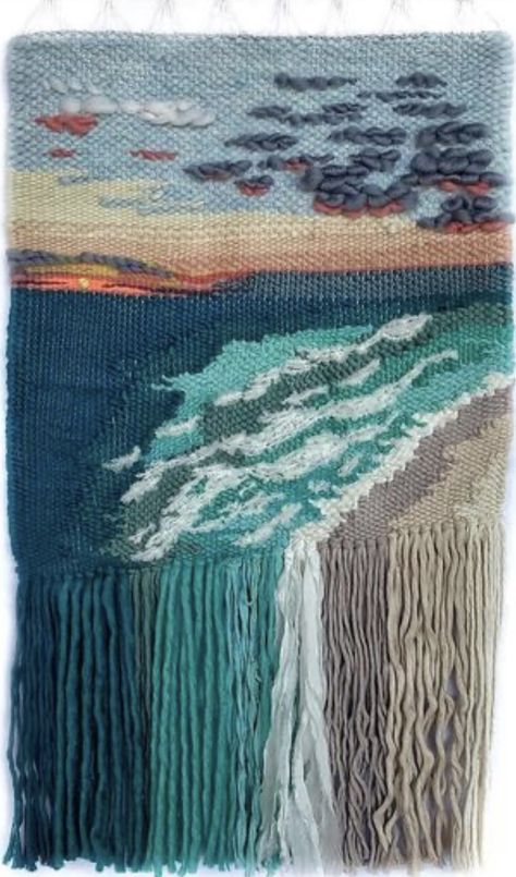 Ocean Weaving, Woven Tapestry Art, Weaving Wall Decor, Tapestry Loom Weaving, Simpul Makrame, Tapestry Loom, Weaving Loom Diy, Landscape Art Quilts, Weaving Loom Projects