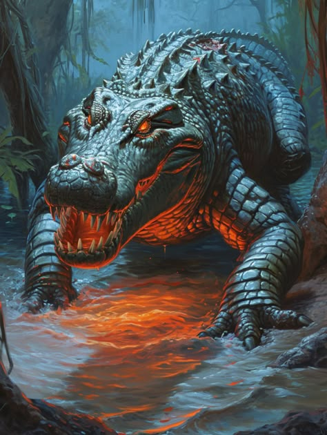 Crocodile Fantasy Art, Alligator Concept Art, Fantasy Crocodile, Mythical Alligator, Zombie Animals, Dnd Swamp Monster, Crocodile Monster, Giant Crocodile, Ark Creatures