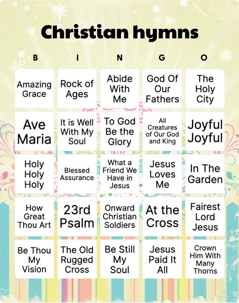 Christian hymns bingo card template Christian Bingo, Christian Hymns, Bingo Card Template, Jesus Crown, Christmas Christian, Praise The Lord, Bingo Card, Bingo Printable, Group Games