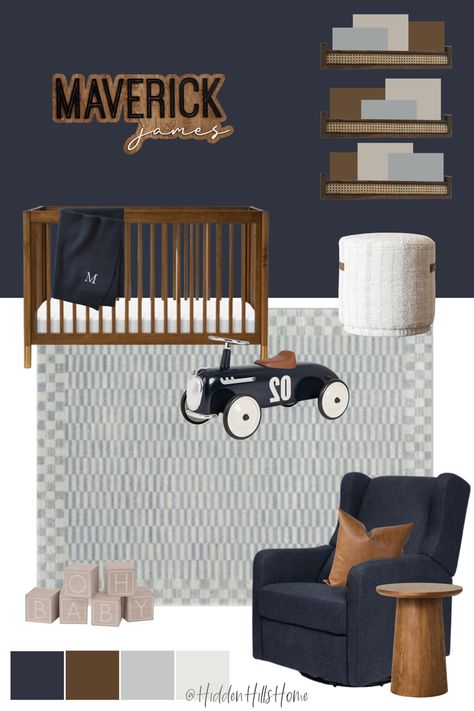 Nursery decor mood board for baby boy with navy blue and brown tones! Navy Baby Room, Masculine Nursery, Vintage Nursery Boy, Decor Mood Board, Navy Nursery Boy, Navy Blue Nursery, Baby Blue Nursery, Brown Nursery, Nursery Guest Room