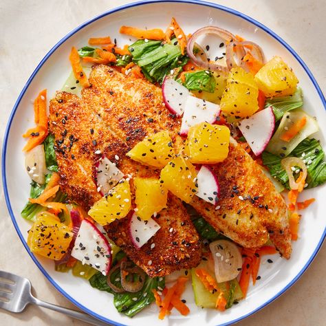 Recipe: Togarashi Tilapia over Sautéed Vegetables - Blue Apron Japanese Seasoning, Carrot Puree, Ponzu Sauce, Tilapia Recipe, Blue Apron Recipes, Dried Orange Peel, Juicy Orange, Blue Apron, Sauteed Vegetables