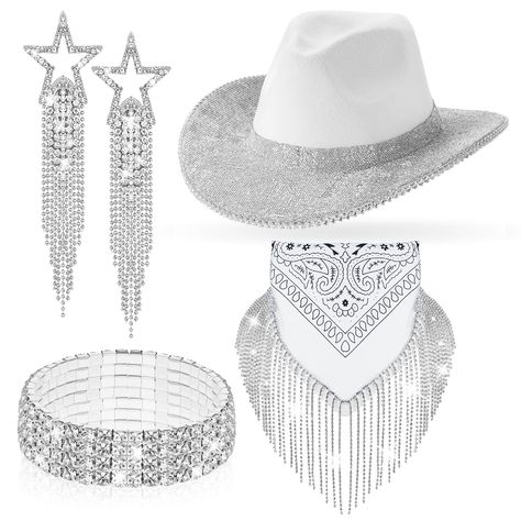 PRICES MAY VARY. Stylish Ensemble: the package consists of a glittered cowgirl hat, dazzling disco bandana, shiny rhinestone bracelet, and a pair of cowgirl star earrings; This stylish set is an ideal choice for distinctive style and the mainly silver color of the accessories complements the hat beautifully, amplifying your appeal in various settings Shimmering Design: every element in this package is designed to shine; The rhinestones embedded on the hat with a wide brim, bandana, and silver je Rhinestone Rodeo Party, Black And Silver Cowgirl Outfit, Rave Bachelorette Party, Rave Bachelorette, Rhinestone Cowgirl Outfits, Glitter Cowgirl Hat, Cowgirl Hat Outfit, Glitter Cowgirl, Fringe Bandana