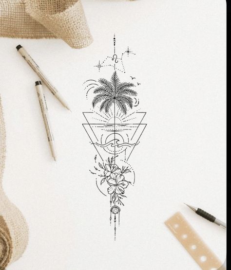 Saltwater Tattoo Ideas, Beachy Forearm Tattoo Women, Beach Spine Tattoos For Women, Beachy Spine Tattoo, Ocean Spine Tattoos For Women, Beach Spine Tattoo, Unique Tattoo Ideas For Women Creative, Tropical Tattoo Ideas, Boho Sleeve Tattoo