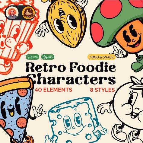 Get ready to add some vintage flavor to your designs with this pack, featuring 40 vector elements and 8 unique styles. 🍔🌭🍩
• Web & Social Media
• Menus & Recipe Cards
• Restaurant Branding
• Food Packaging
• Culinary Blogs
🍩 Let these charming characters infuse your projects with nostalgic fun. Food Web Design, Retro Packaging, Food And Snacks, Kids Graphics, Canvas Learning, Vector Elements, Cool Restaurant, Packaging Stickers, Graphic Design Lessons