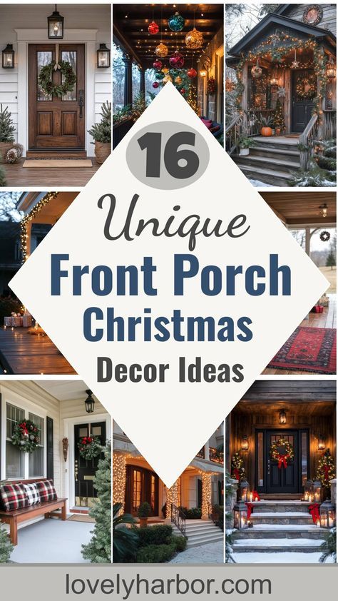 Transform your porch into a festive wonderland with these 16 creative Christmas decor ideas! Start exploring unique ways to elevate your holiday decor. Outdoor Porch Christmas Tree Ideas, Simple Christmas Outdoor Decorations, Christmas Covered Porch, Christmas Small Porch Decorating Ideas, Front Christmas Decorations Porch Ideas, Porch Post Christmas Decorations, Outdoor Christmas Front Porch Ideas, Front Porch Decorating Christmas, Outside Decorations For Christmas