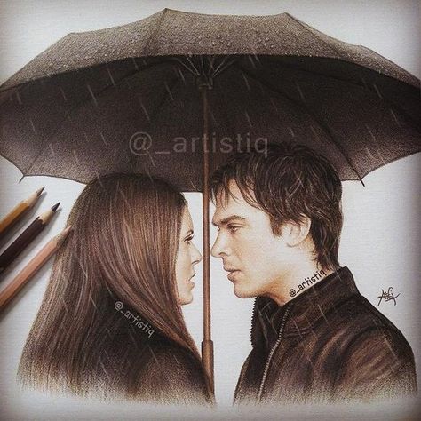 Tvdu Drawings, Tvd Art, Vampire Drawing, Damon And Elena, Damon Elena, Vampire Drawings, Vampire Diaries Memes, Ian Somerhalder Vampire Diaries, Vampire Diaries Poster