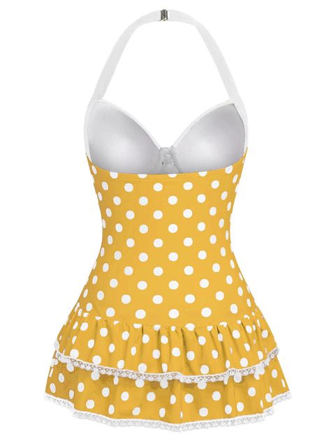 Brown 1940s Halter Polka Dots Bow Swimsuit | Retro Stage Retro Fitted Polka Dot Swimwear, Fitted Polka Dot Swimwear For Spring, 70s Bathing Suit, 50s Swimsuit, Swim Costume, Bow Swimsuit, Pretty Items, Retro Stage, Kawaii Outfit Ideas