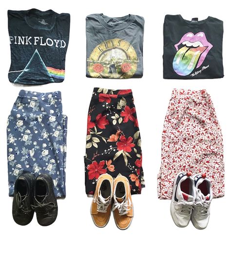 Plaid Skirt Band Tee, Band Tee Skirt Outfits, Band Tee And Skirt Outfit, Band Tee Outfits, Grafic Tees, Long Flowers, Band Hoodies, Flower Skirt, A Love Story